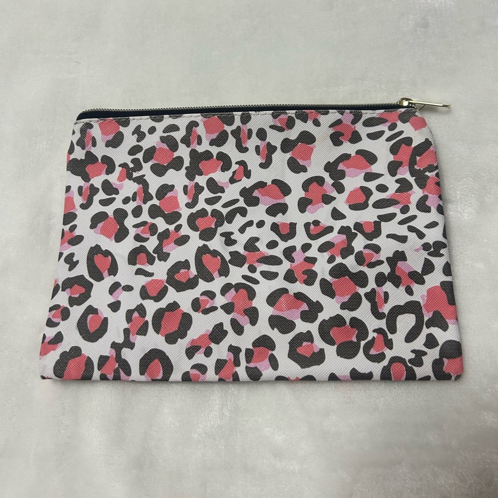 White black pink leopard print small zip up travel make up bag pouch